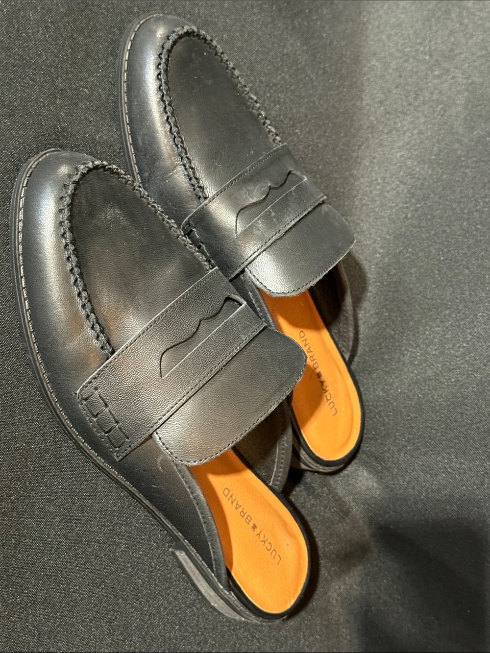 Lucky Brand Black Leather Backless Penny Loafers